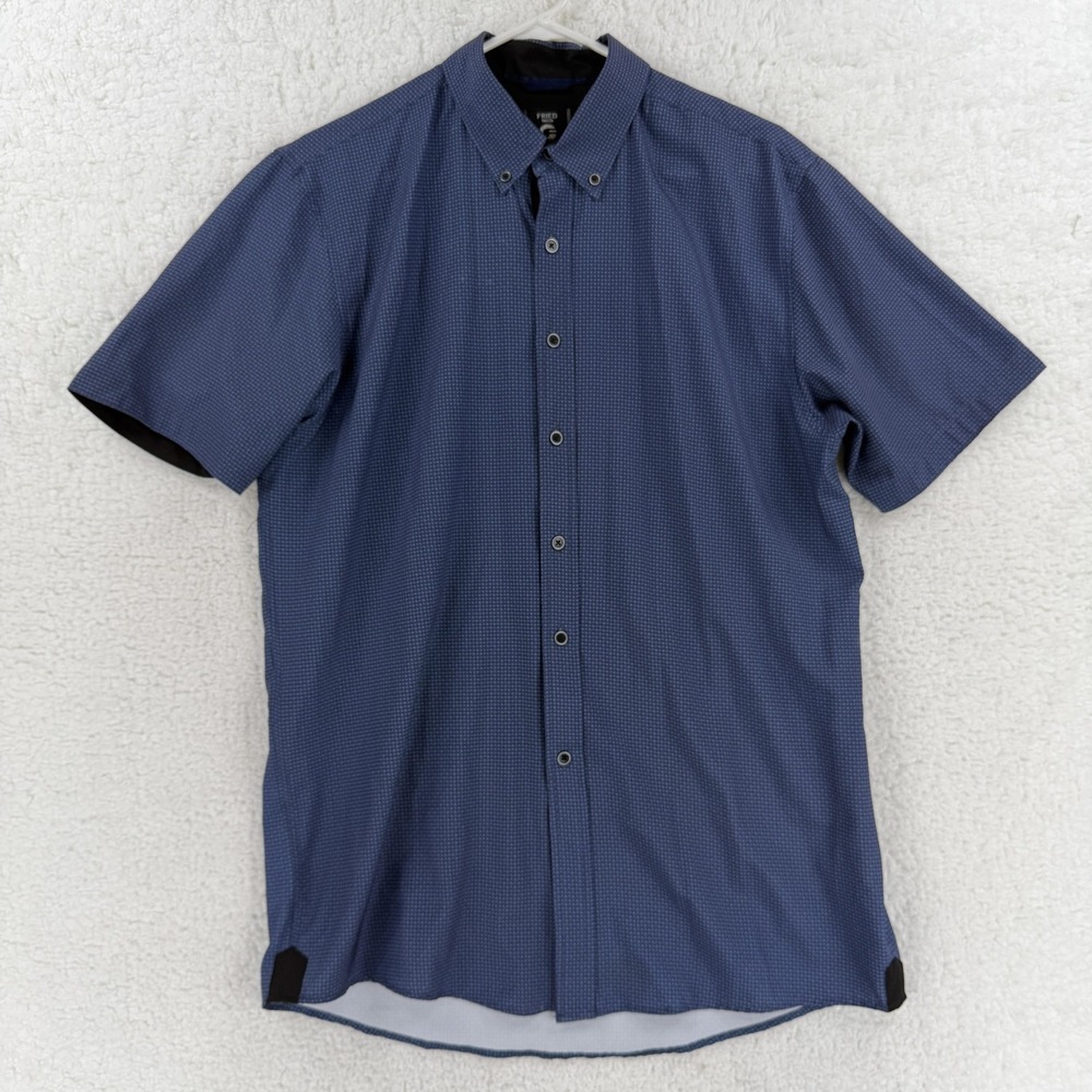 Fried Denim Shirt Mens Large Blue Geometric Short‎ Sleeve Button Front Stretch